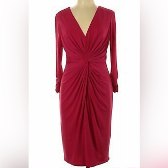 TADASHI NWT Strawberry Pink V-Neck Twist Ruched SLV Stretch Knit Party Dress L - Picture 1 of 16